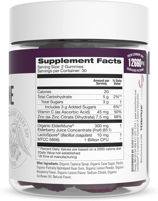 Norm'S Farms Daily Immune Elderberry Gummies - Vitamin C, Zinc & Probiotics - Vegan, Gluten Free, Kosher, Non-Gmo - 60 Gummies