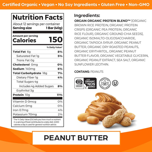 Orgain Organic Vegan Protein Bars, Peanut Butter - 10G Plant Based Protein, Low Calorie Healthy Snacks, No Lactose Or Soy Ingredients, Gluten Free, Non-Gmo - 1.41 Oz (Pack Of 12)