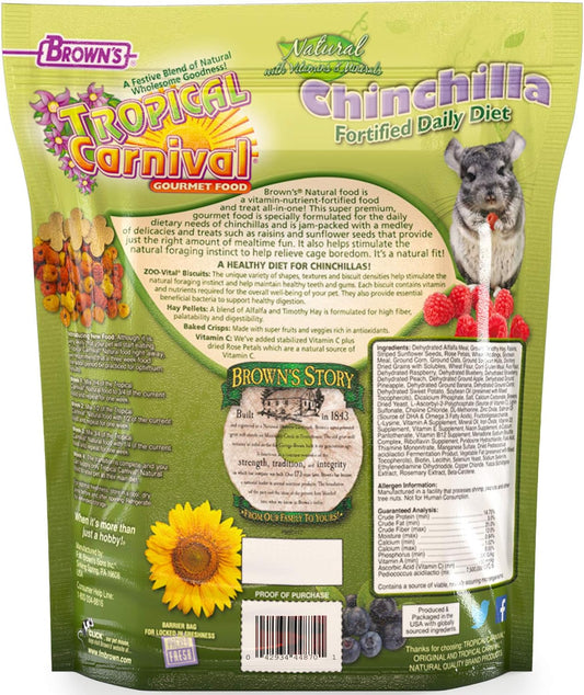 F.M. Brown'S Tropical Carnival Natural Chinchilla Food, 3-Lb Bag - Vitamin-Nutrient Fortified Daily Diet With High Fiber Alfalfa And Timothy Hay Pellets For Optimum Digestion