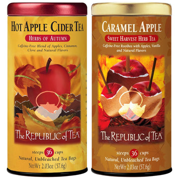 The Republic Of Tea – Limited-Edition Fall Apple Teas - Hot Apple Cider And Caramel Apple Herbal Tea Bundle – 36 Count Tea Bags Each