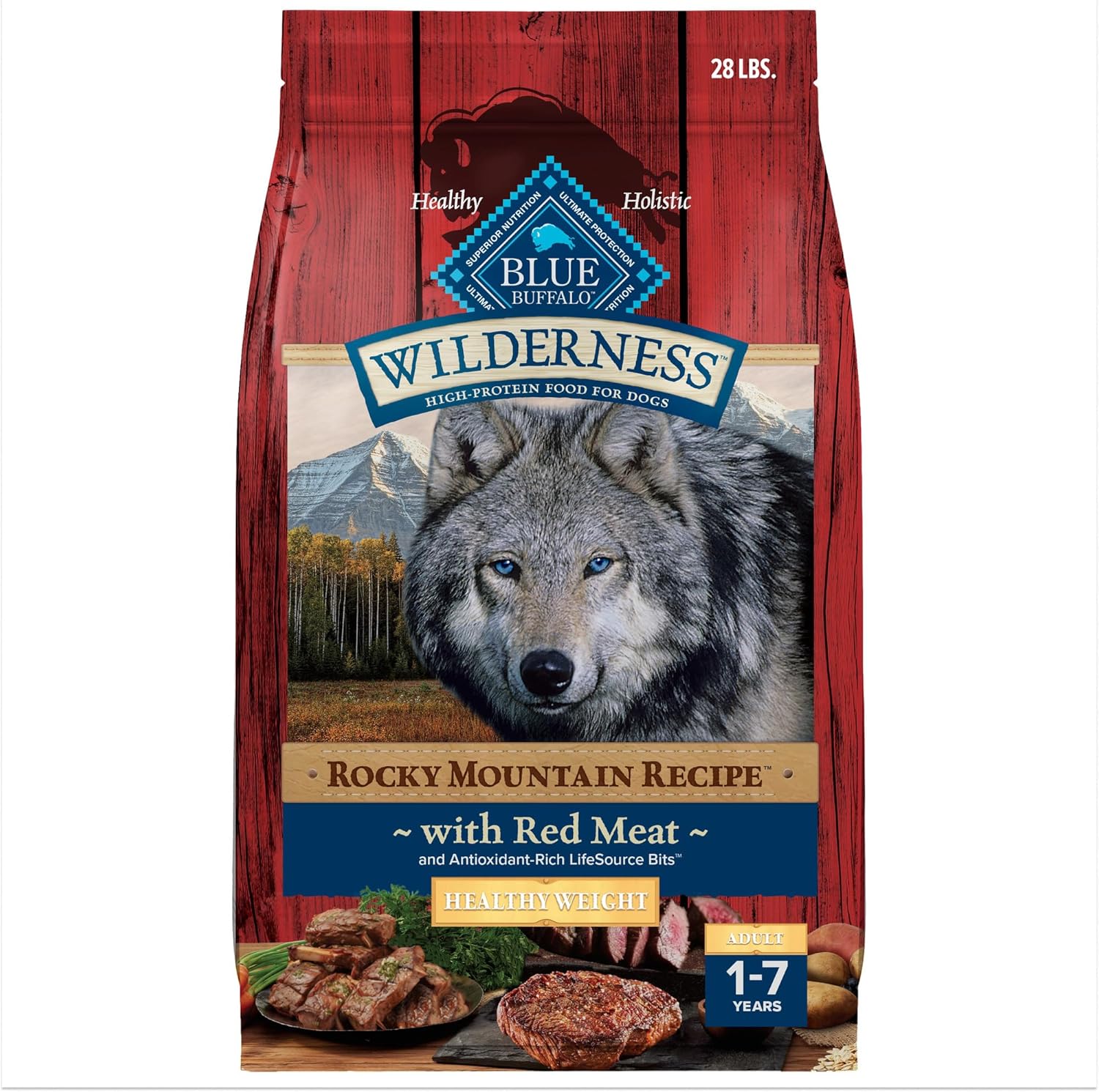 Blue Buffalo Wilderness High-Protein Rocky Mountain Recipe Healthy Weight Dry Food For Adult Dogs, Red Meat, 28-Lb. Bag