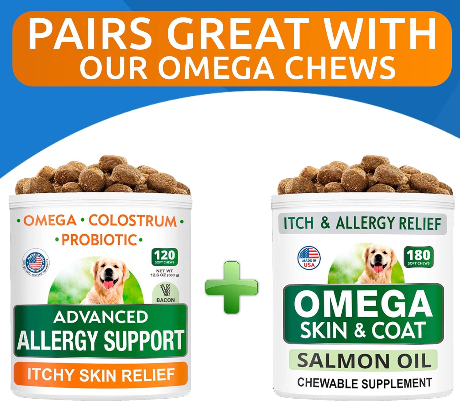 Advanced Dog Allergy + Omega 3 Bundle - Itch Relief - Probiotics w/Fish Oil Omega 3 + EPA&DHA Fatty Acid - Skin Allergies + Joint Health - 120 Chews + 180 Softgels - Bacon + Fish Flavor - Made in USA : Pet Supplies