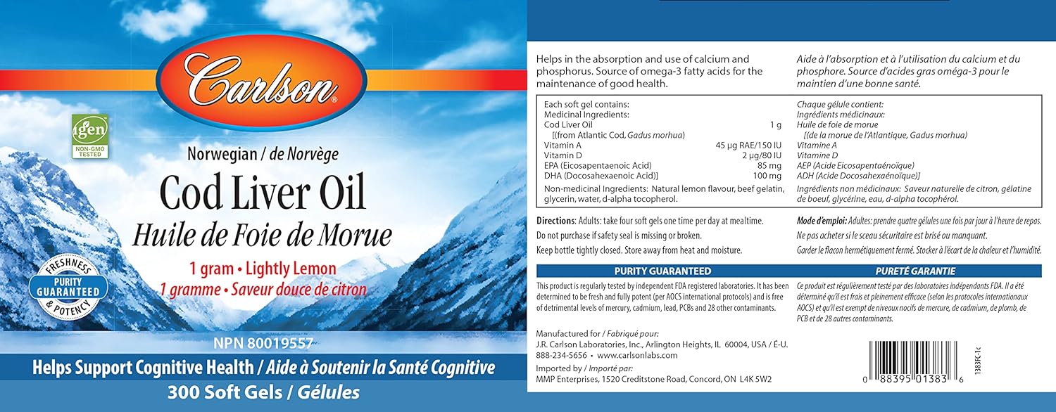 Carlson - Cod Liver Oil, 460 mg Omega-3s + Vitamins A & D3, Wild-Caught Norwegian Arctic Cod-Liver Oil, Sustainably Sourced Nordic Fish Oil Capsules, Lemon, 300 Softgels