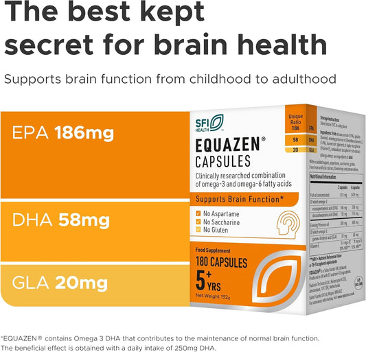 Equazen Capsules | Omega 3 & 6 Fish Oil Supplement | Supports Brain Function | Blend Of Dha, Epa & Gla | Suitable For Children 5+ To Adults | 180 Capsules