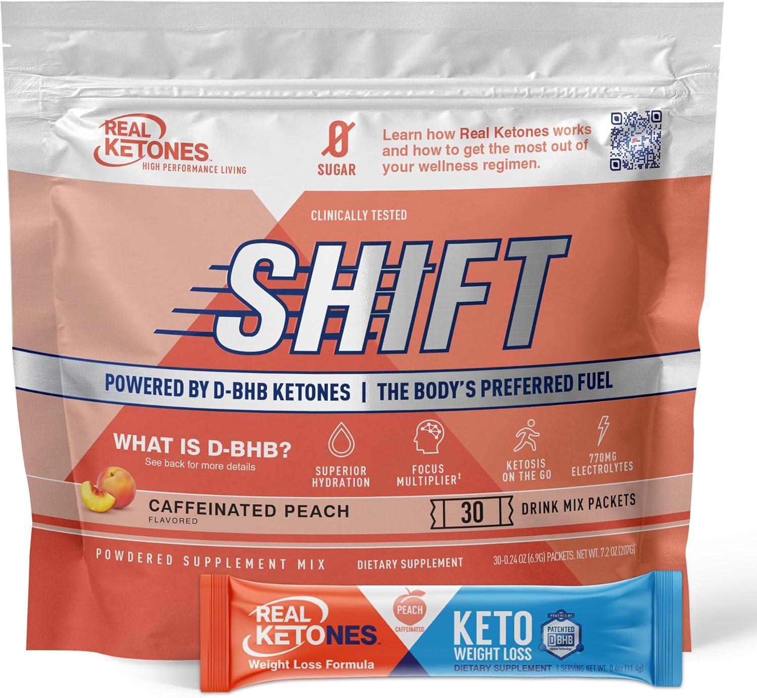 Real Ketones Bhb Exogenous Ketones Drink Mix Packets Keto Electrolytes Powder Packets No Sugar With 4 Main Fasting Electrolytes Plus Hydrating Patented Keto Bhb - 30 Count Peach Caffeine