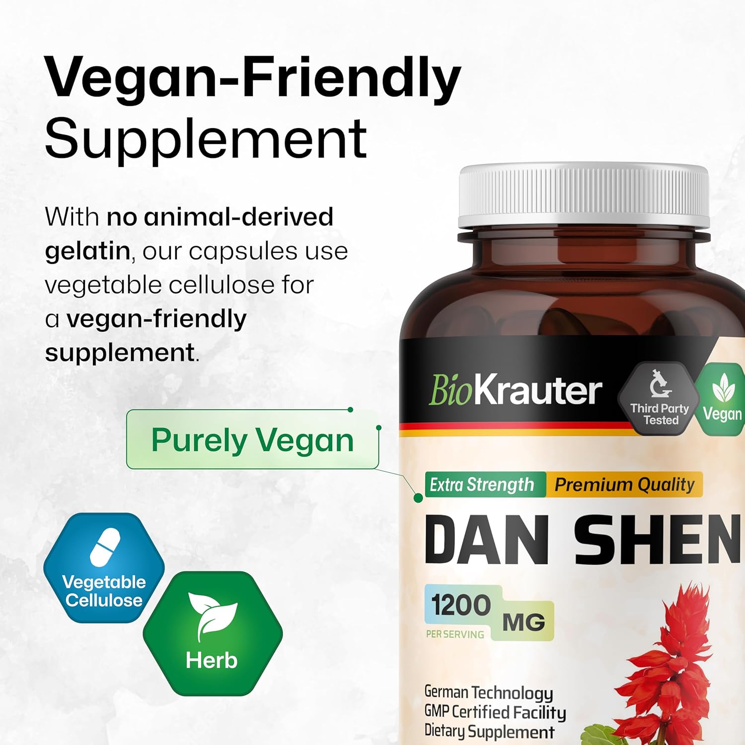 Bio Krauter Dan Shen Root Capsules - 1200 Mg Strength - 100 Red Sage Caps - Antioxidant Source - Salvia Miltiorrhiza Root - Vegan