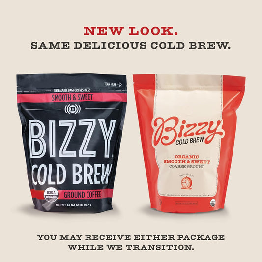 Bizzy Organic Cold Brew Coffee | Smooth & Sweet Blend | Coarse Ground Coffee | Medium Roast | Micro Sifted | Specialty Grade | 100% Arabica | 2 Lb