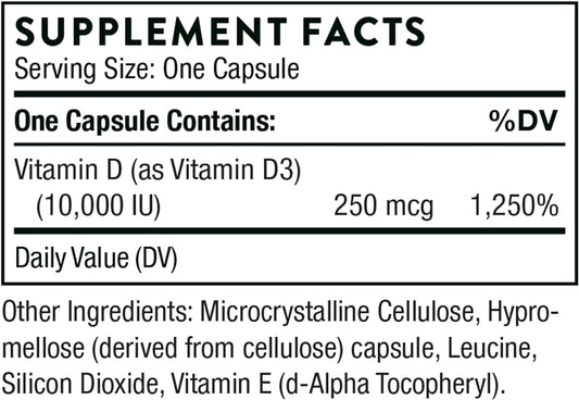 THORNE Vitamin D3 Supplement - Supports Healthy Bones, Teeth Muscles, Cardiovascular, and Immune Function - Gluten-Free, Dairy-Free, Soy-Free - 10,000 IU - 60 Capsules