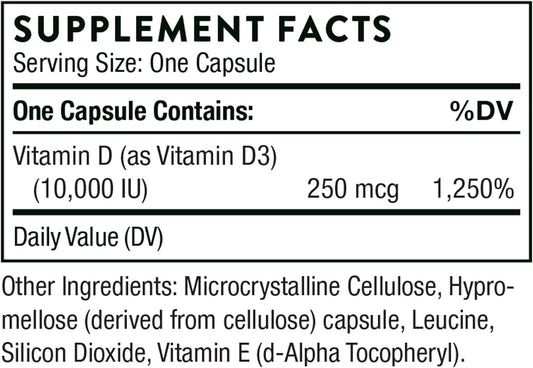 Thorne Vitamin D3 Supplement - Supports Healthy Bones, Teeth Muscles, Cardiovascular, And Immune Function - Gluten-Free, Dairy-Free, Soy-Free - 10,000 Iu - 60 Capsules