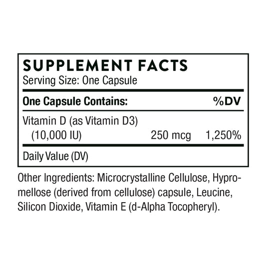 Thorne Vitamin D-10,000 - Vitamin D3 Supplement - 10,000 IU - Support Healthy Teeth, Bones, Muscles, Cardiovascular, and Immune Function - Gluten-Free, Dairy-Free, Soy-Free - 60 Capsules