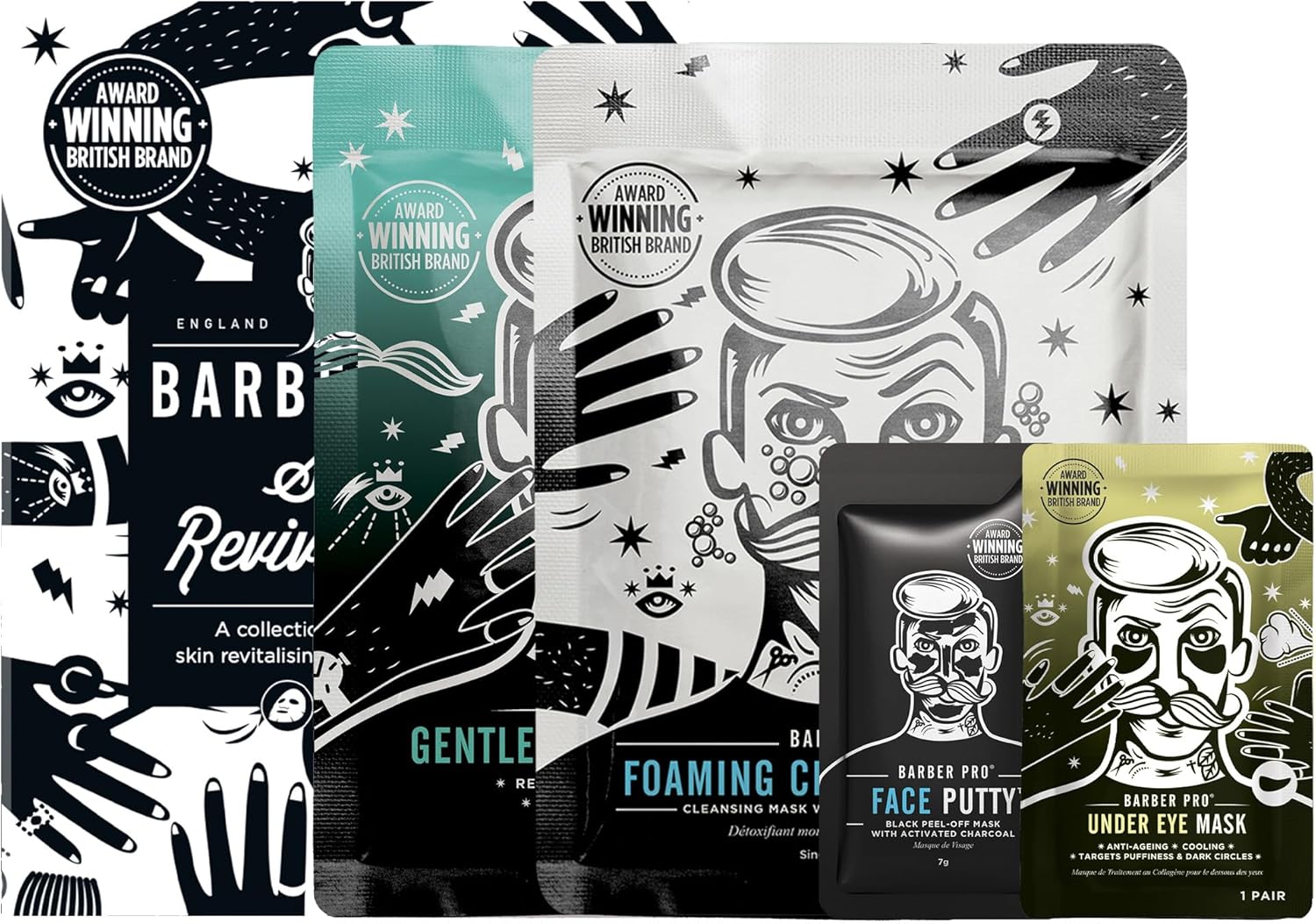 Barber Pro Skin Revival Mens Pamper Kit 4-In-1 Under Eye Mask Peel Off Putty & 2 Face Masks Rejuvinate Hydrate Soothe Tired Eyes Cleanse Pores Multi Award Winning Brand