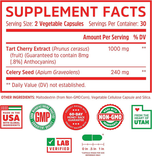 Zhou Tart Cherry Extract With Celery Seed | Advanced Uric Acid Cleanse For Joint Comfort, Healthy Sleep Cycles & Muscle Recovery | 30 Servings, 60 Veggie Caps