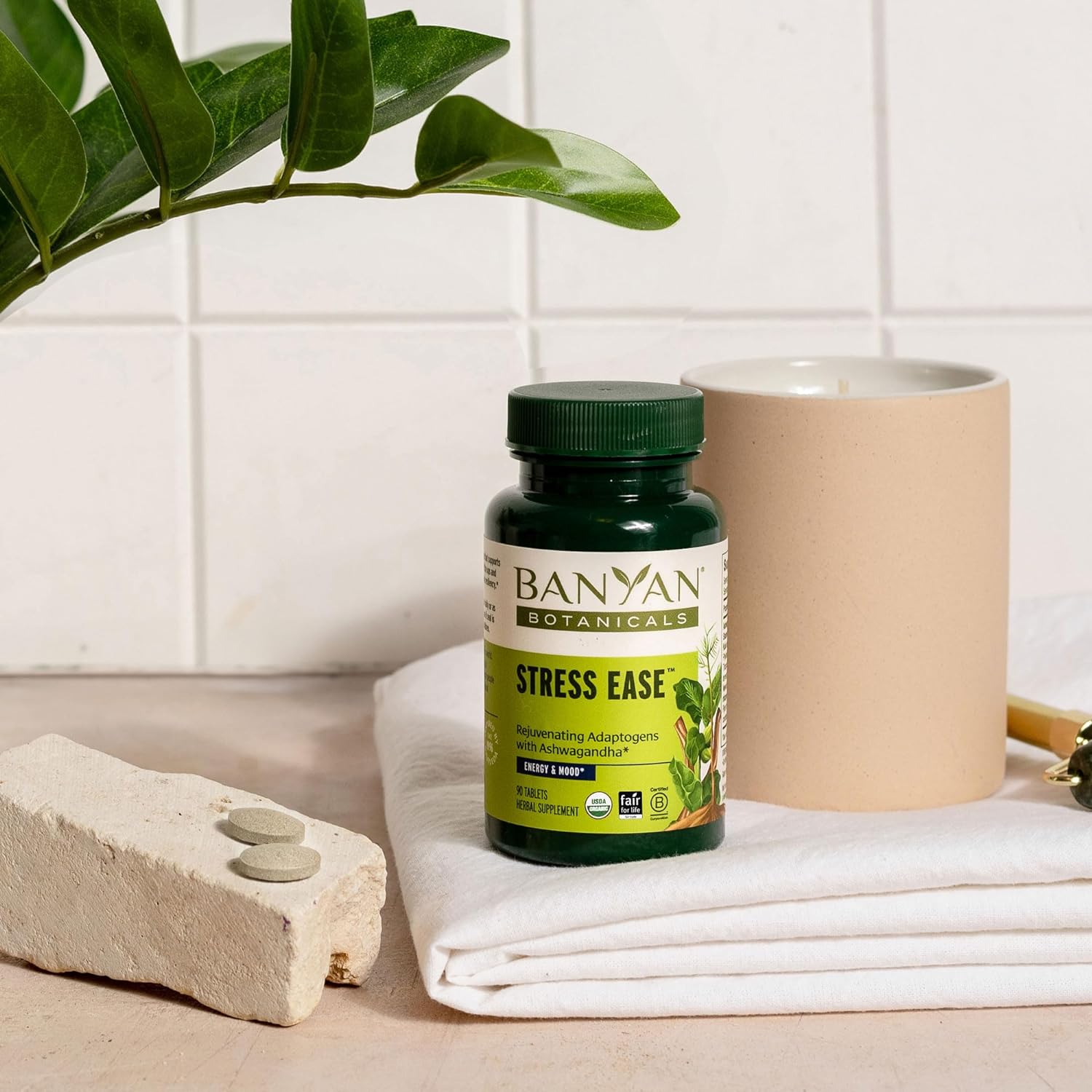 Banyan Botanicals Stress Ease – Organic Herbal Supplement for Stress & Fatigue* – with Ayurvedic Adaptogen Ashwagandha (Withania somnifera) Root – 90 Tablets – Non-GMO Sustainably Sourced Vegan : Health & Household