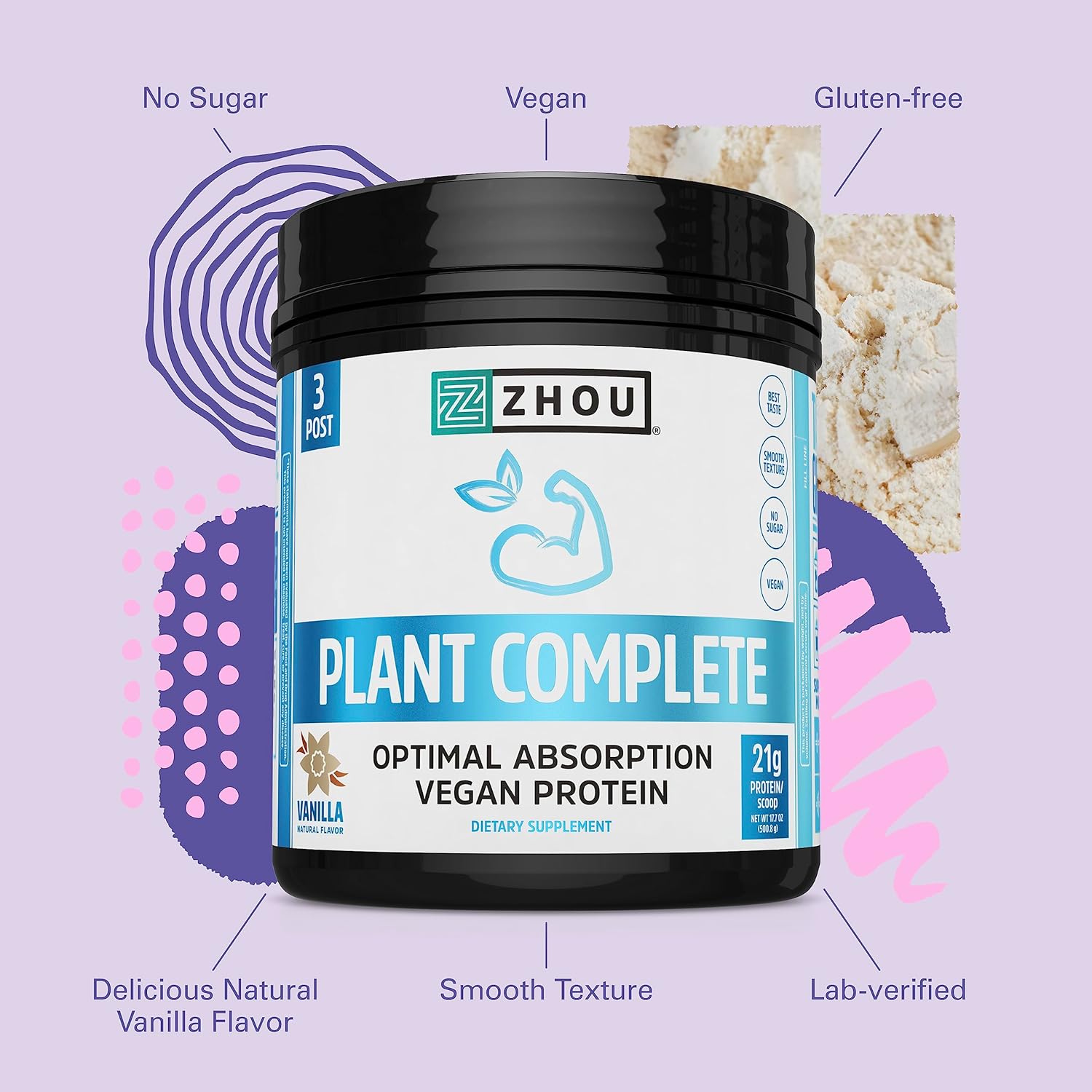Zhou Nutrition Plant Based Vegan Protein Powder, Best Absorption Diges