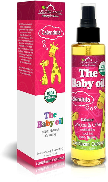 US Organic Baby Oil with Calendula, Smooth Caribbean Coconut, Certified Organic by USDA, Jojoba & Olive Oil with Vitamin E, No Alcohol, Paraben, Artificial Detergents, Color, Synthetic Perfume, 135ml