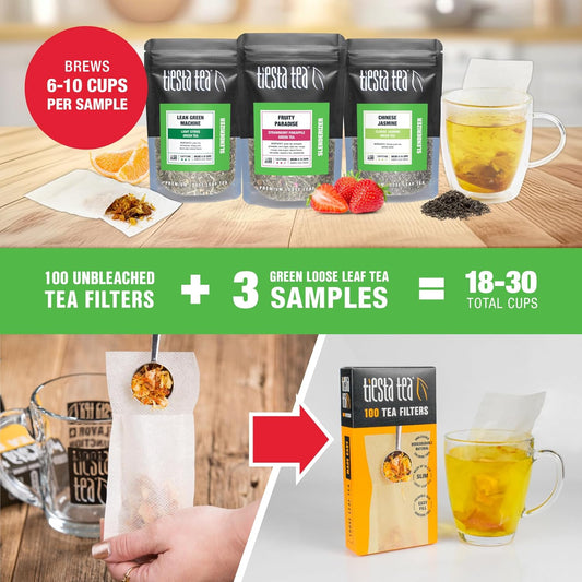 Tiesta Tea - Green Tea Starter Kit | Premium Loose Leaf Green Tea Gift Set | Medium Caffeinated Tea | Make Hot Or Iced Tea | Tea Assortment With 3 Loose Leaf Tea Samplers & 100 Disposable Tea Filters