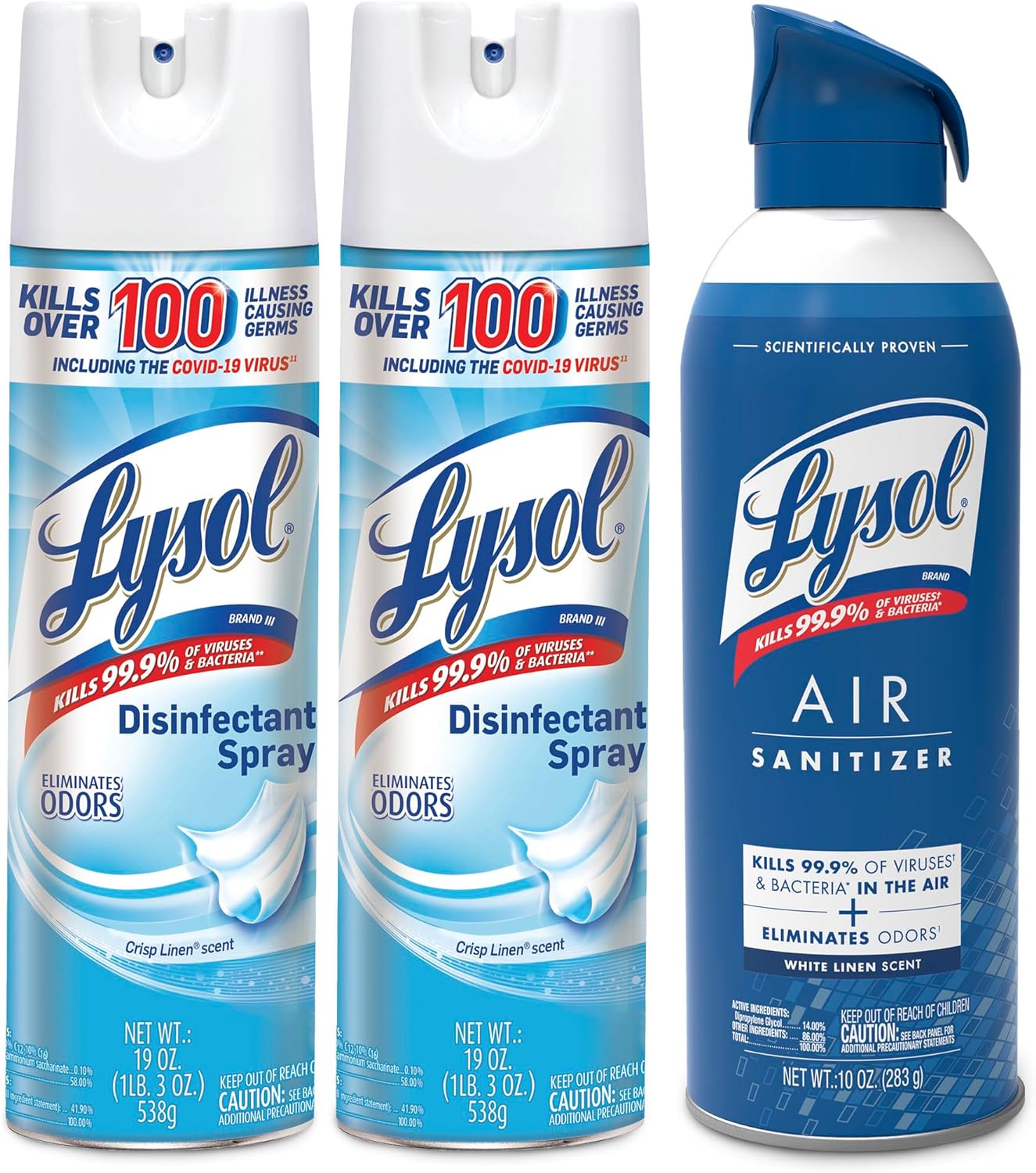 Lysol Bundle Containing X2 Lysol Disinfectant Spray For Hard And Soft Surfaces, Crisp Linen, 19 Fl. Oz + Lysol Air Sanitizer Spray, For Air Sanitization And Odor Elimination, White Linen, 10 Fl. Oz