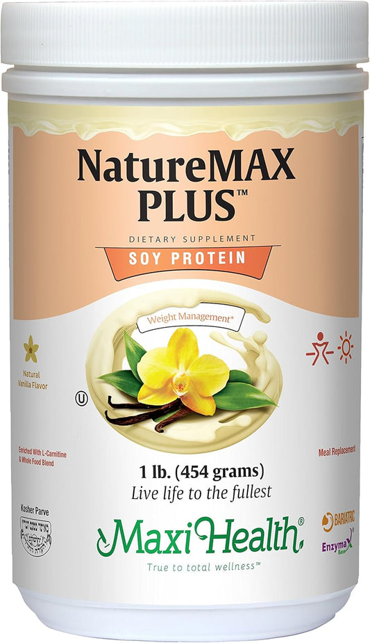 Maxi-Health NatureMAX PlusTM Energy Support Meal Replacement Drink Soy Protein Powder - Sugar Free Diet Supplement - 1 Lb - Natural Vanilla Flavor - Kosher Vitamin : Health & Household