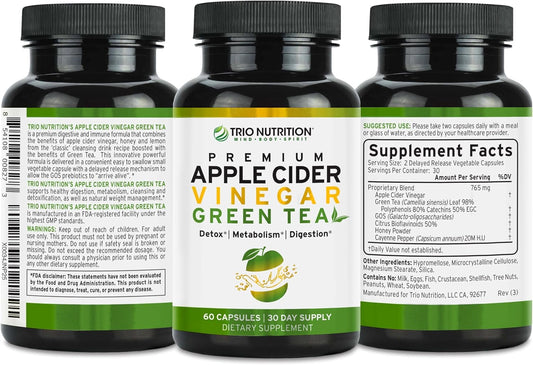 Trio Nutrition Apple Cider Vinegar Capsules With Green Tea - Natural Sugar Free Apple Cider Vinegar Pills With The Mother For Body Cleanse, Immune, Weight Management & Metabolism Support