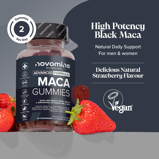 Maca Root Gummies 2000Mg - High Strength Alternative To Maca Powder & Maca Capsules - Made From 100% Peruvian Maca Root Powder With L-Arginine, Vitamin B12 & B6-60 Count - Novomins