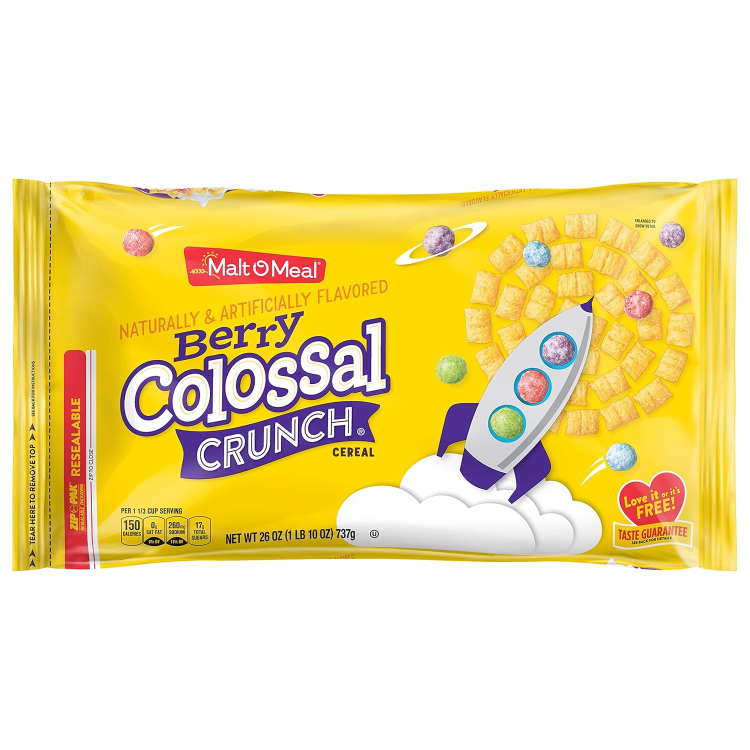 Malt-O-Meal Berry Colossal Crunch Breakfast Cereal, Crunchy Corn Cereal and Oats with Sweet Berry Cereal Bits, Large Cereal for Family, 26 OZ Resealable Cereal Bag