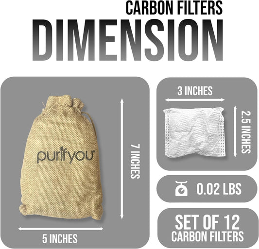 100% Natural Bamboo Charcoal Air Purifying Bag - Set of 12 Carbon Filters, Deodorizer Bags, Odor Absorber for Diaper Pail, Trash, Shoes, Closets, Cars, Fridge, Pets House, Kitchen, Home by purifyou