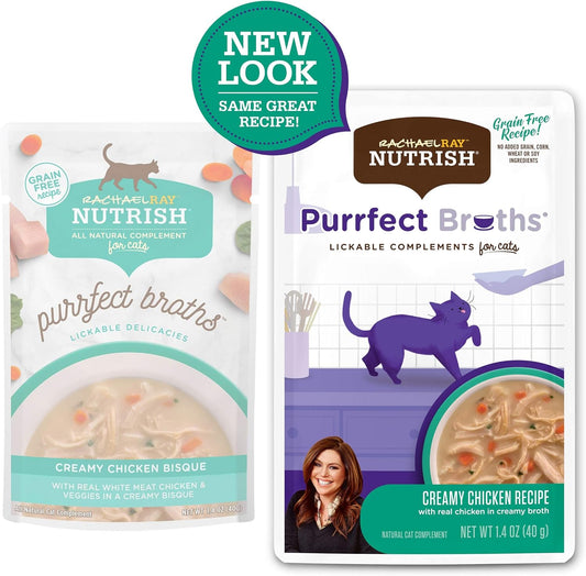 Rachael Ray Nutrish Purrfect Broths Wet Cat Food, Creamy Chicken Bisque With White Meat Chicken & Veggies Recipe, 1.4 Ounce Pouch (Pack Of 24), Grain Free