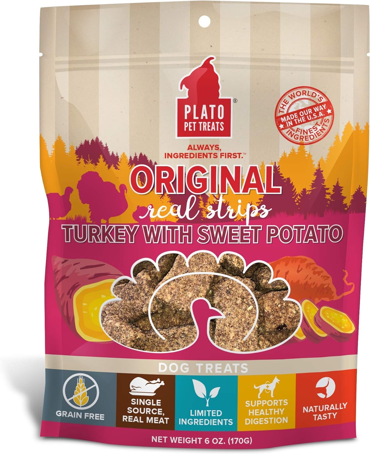 PLATO Turkey Real Strips Natural Dog Treats - Real Meat - Air Dried - Made in the USA - Turkey & Sweet Potato, 6 ounces