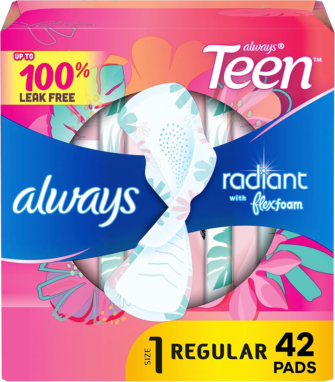 Always Radiant Teen Feminine Pads With Flexfoam, Size 1, Regular, With Wings, Unscented, 42 Ct
