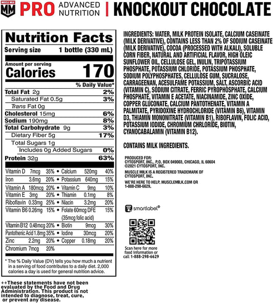 Muscle Milk Pro Advanced Nutrition Protein Shake, Knockout Chocolate, 11.16 Fl Oz (Pack Of 12), 32G Protein, 1G Sugar, 16 Vitamins & Minerals, 5G Fiber, Workout Recovery, Energizing Snack, Packaging May Vary