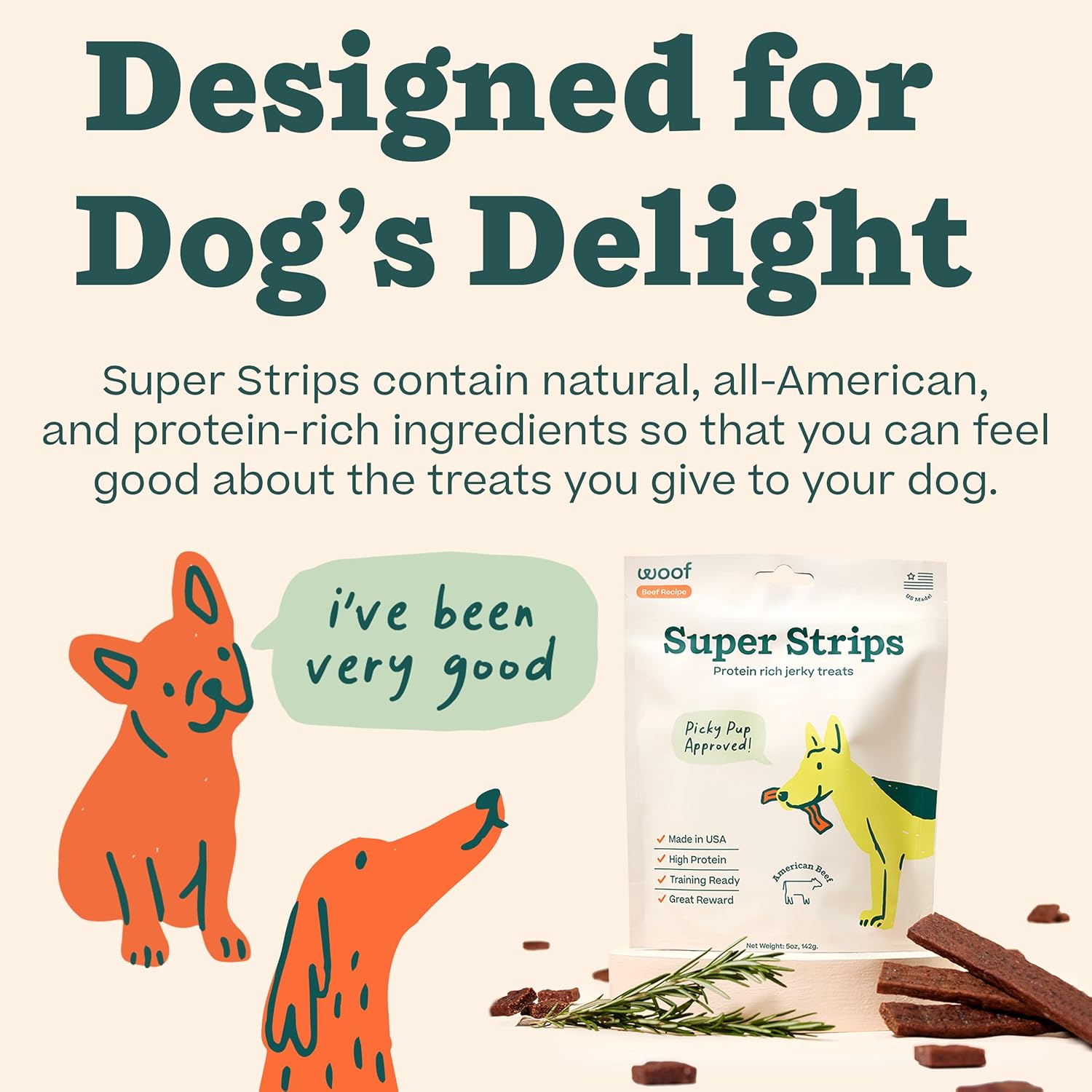 WOOF Super Strips, Protein-Rich Dog Treats, Beef Jerky for Dogs, Training Treats or Meal Booster, Made in The USA Brown : Pet Supplies