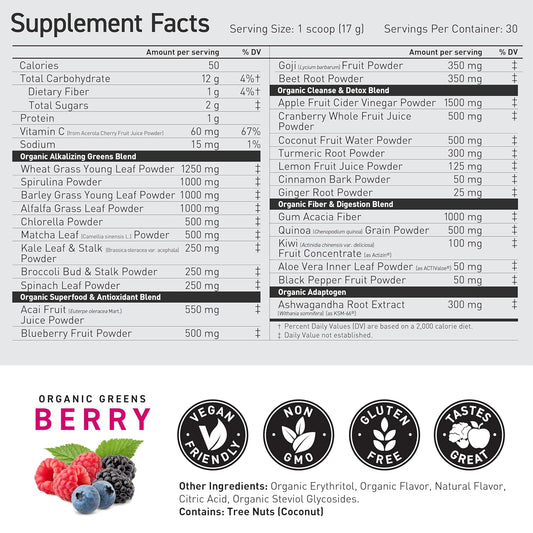 Kaged Organic Greens Superfood Powder, Outlive100 Berry, Supergreens, Apple Cider Vinegar, Ashwagandha, 30 Servings