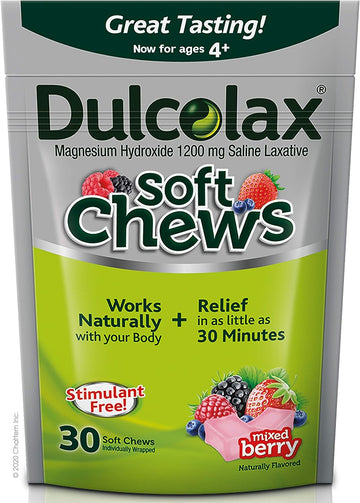 Dulcolax Soft Chews Saline Laxative Mixed Berry (30ct) Gentle Constipation Relief, Magnesium Hydroxide 1200mg