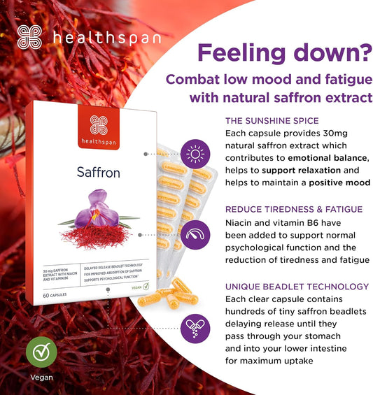 Healthspan 30Mg Saffron Mood Support (60 Capsules) | Positive Mood & Emotional Balance | Supports Relaxation | Niacin & Vitamin B6 To Reduce Tiredness & Support Normal Psychological Function | Vegan