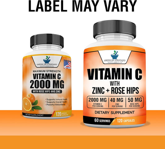 American Standard Supplements Vitamin C 2000Mg, Zinc 40Mg, And Rose Hips 50Mg Per Serving – Vegan, Gluten Free, Non-Gmo (120 Count)