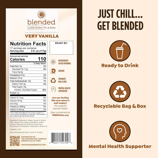Blended Cold Brew In A Box, Iced Cold Brew Coffee Dispensed From A Box, Premixed Vanilla Flavor Cold Brew, Ready To Drink Iced Coffee (17 Servings)