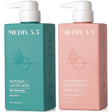 Medix 5.5 Exfoliating Aha Glycolic Acid Face & Body Wash Cleanser + Hyaluronic Acid Moisturizing Body Cream Lotion Skin Care 2Pc Set | Alpha Hydroxy Acid & Lactic Acid Foaming Face Wash