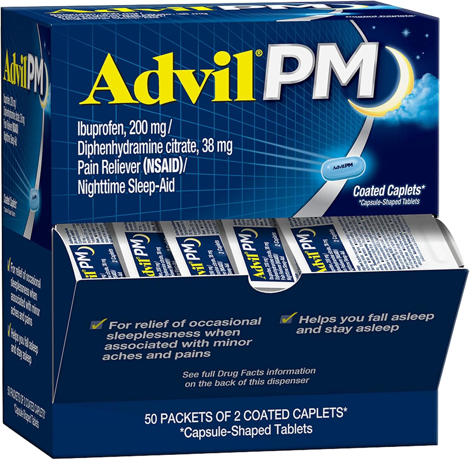 Advil Pm Pain Reliever And Nighttime Sleep Aid, Pain Medicine With Ibuprofen For Pain Relief And Diphenhydramine Citrate For A Sleep Aid - 50X2 Coated Caplets