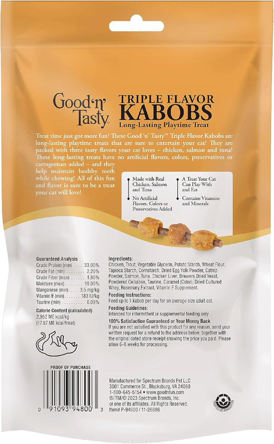 Good 'N' Tasty Triple Flavor Kabobs Cat Treat, 3 Ounce Bag, Long-Lasting Playtime Treat For Cats Made With Real Chicken, Salmon & Tuna