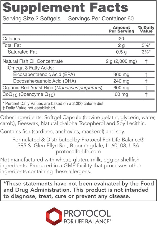 Protocol Cardio Tri-Plex - Heart Health Formula* - with Red Yeast Rice, CoQ10 & Omega-3 Fish Oil - DHA Dietary Supplements