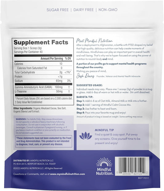 Mindful Calm Sugar Free Hot Chocolate Mix - 40 Servings - Anti-Stress Drink Mix Powder Sleepy Cocoa Nighttime Relaxation Natural Sleep Aid