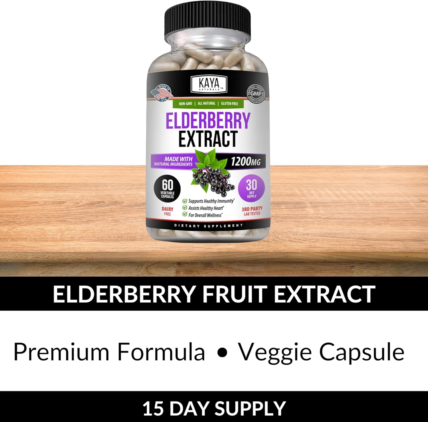 Kaya Naturals Elderberry Immune Support | Elderberry with Zinc and Vitamin C for Adults Elderberry Vitamins, Probiotics & Turmeric 1200mg Immune System Booster Capsules - 60 Count : Health & Household