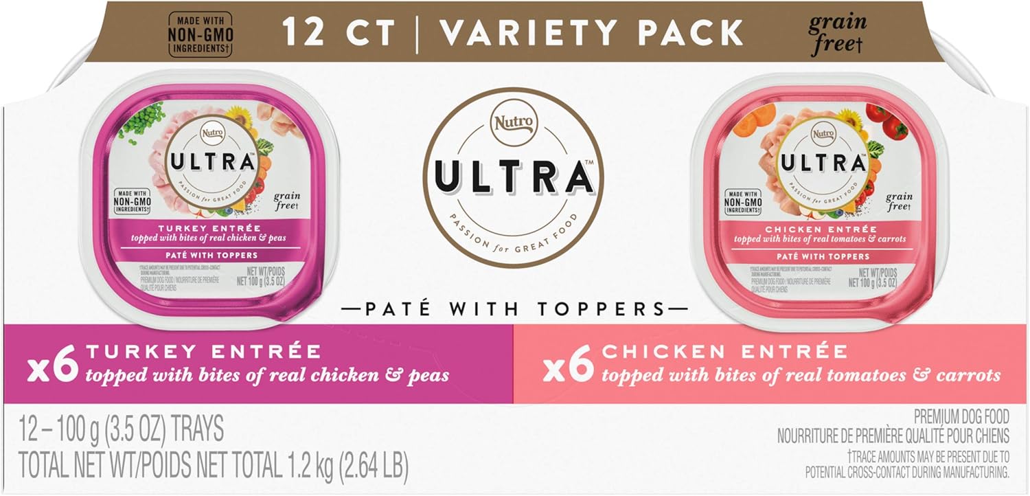 Nutro Ultra Adult Grain Free Soft Wet Dog Food, Variety Pack, Chicken Entrée Paté And Turkey Entrée Paté With Toppers, (12) 3.5 Oz. Trays