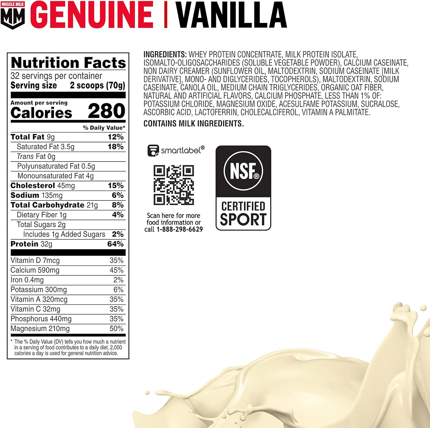 Muscle Milk Genuine Protein Powder, Vanilla Creme, 32g Protein, 4.94 Pound, 32 Servings : Health & Household