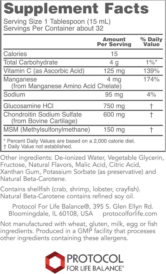 Protocol For Life Balance - Liquid Glucosamine And Chondroitin With Msm - Supports Joint Mobility And Comfort In Easy To Swallow Liquid Format - Citrus Flavor - 16 Fl Oz (473 Ml)