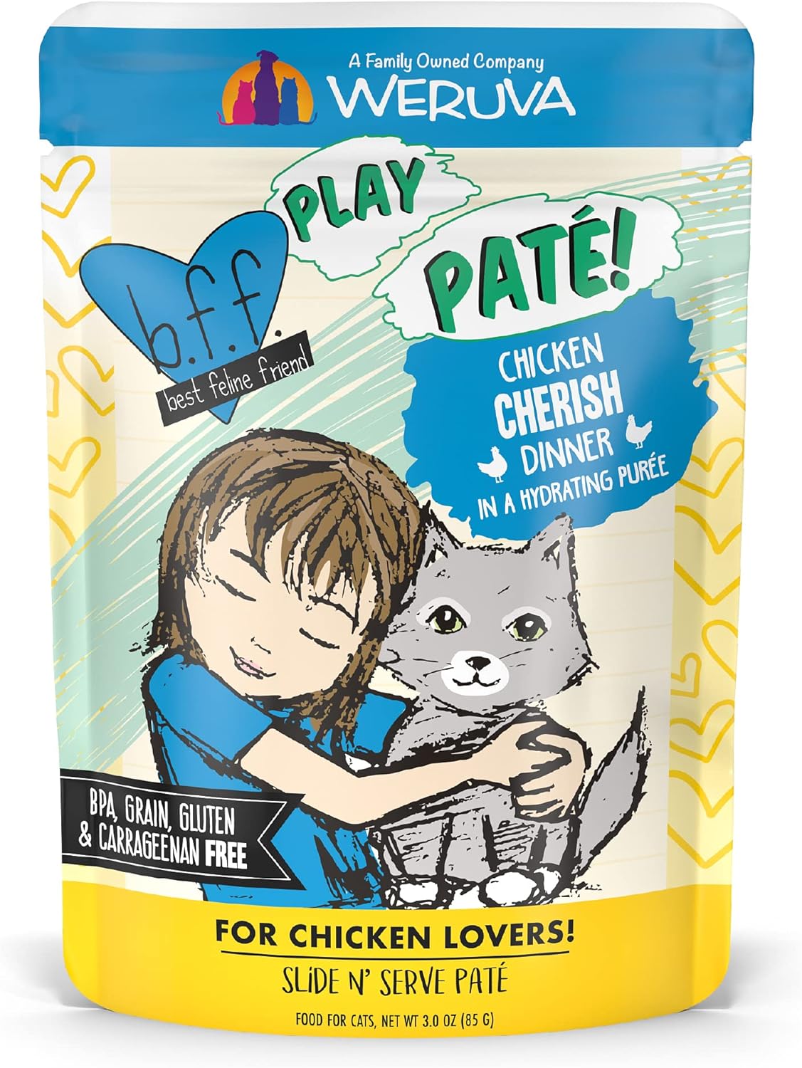 B.F.F. Play - Best Feline Friend Paté Lovers, Aw Yeah!, Chicken Cherish With Chicken, 3Oz Pouch (Pack Of 12)