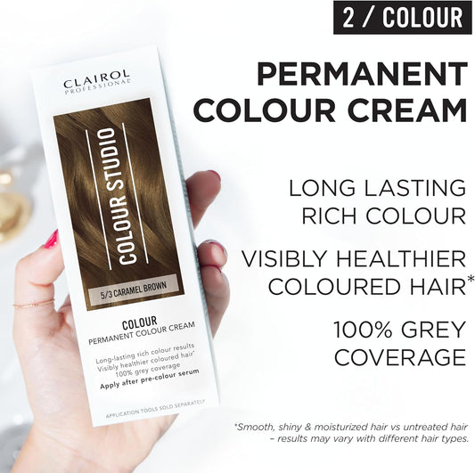 Clairol Colour Studio Permanent Colour Cream | Hair Dye | Long-Lasting Rich Tones | 100% Grey Coverage | Dermatologically Tested Vegan Formula | Hair Colouring Kit | Caramel Brown 5/3 | 50Ml