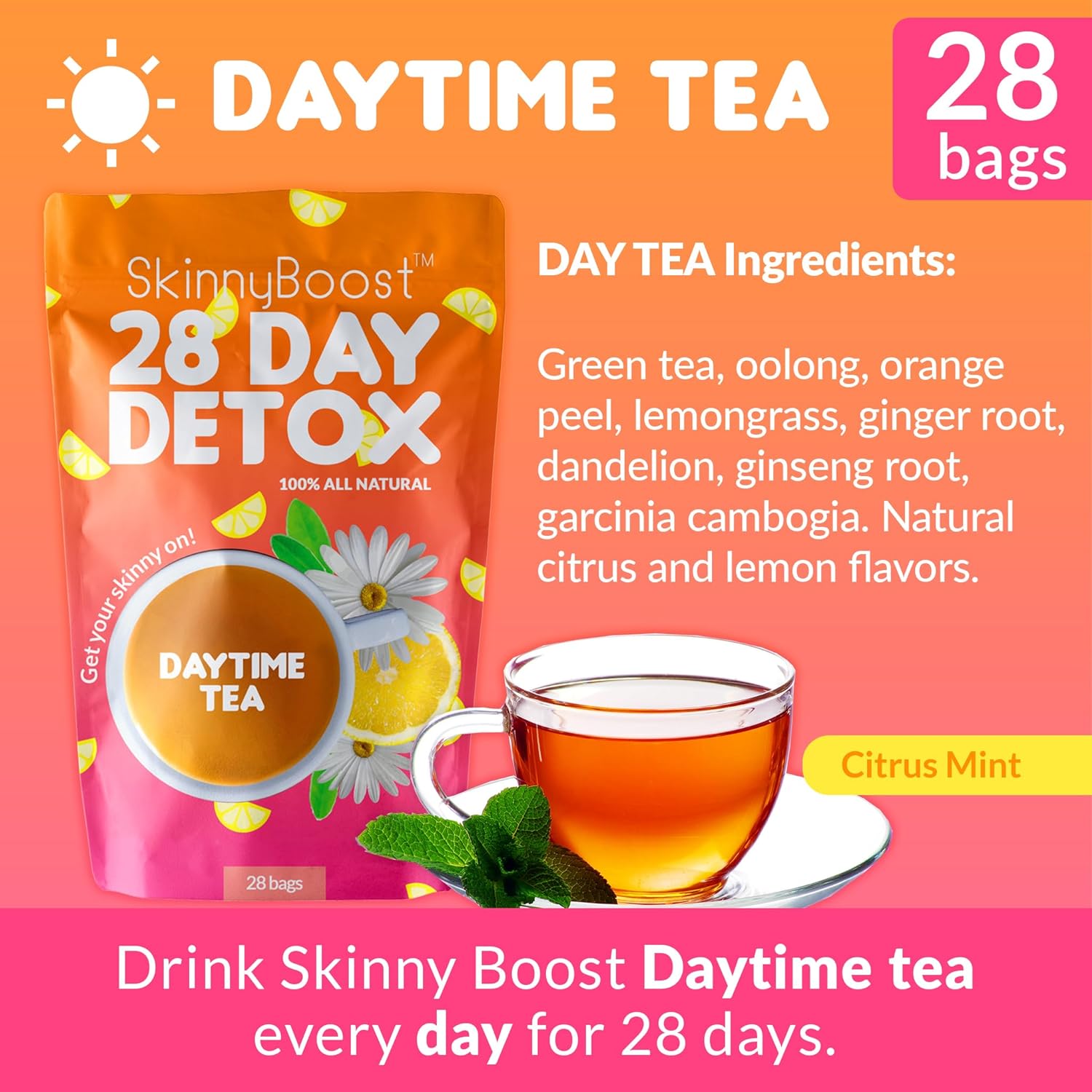 SkinnyBoost - Detox Tea Power Kit-1 - Daytime Tea (28 Bags) 1 Evening Detox Tea (14 Bags) & 1 Sugar Free Apple Cider Vinegar Vegan Gummies (60 Gummies) Detox and Cleanse : Health & Household