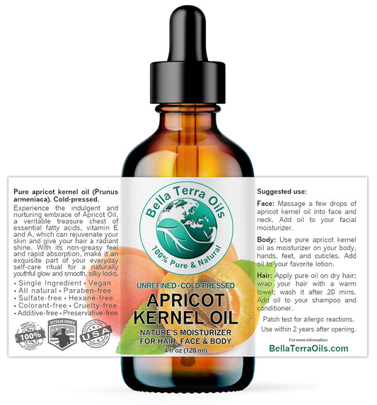 Bella Terra Oils - Organic Apricot Kernel Oil 4 oz - Pure Organic Apricot Essence, Abundant in Linoleic & Oleic Acid, A Luxurious Carrier Oil for Essential Oils