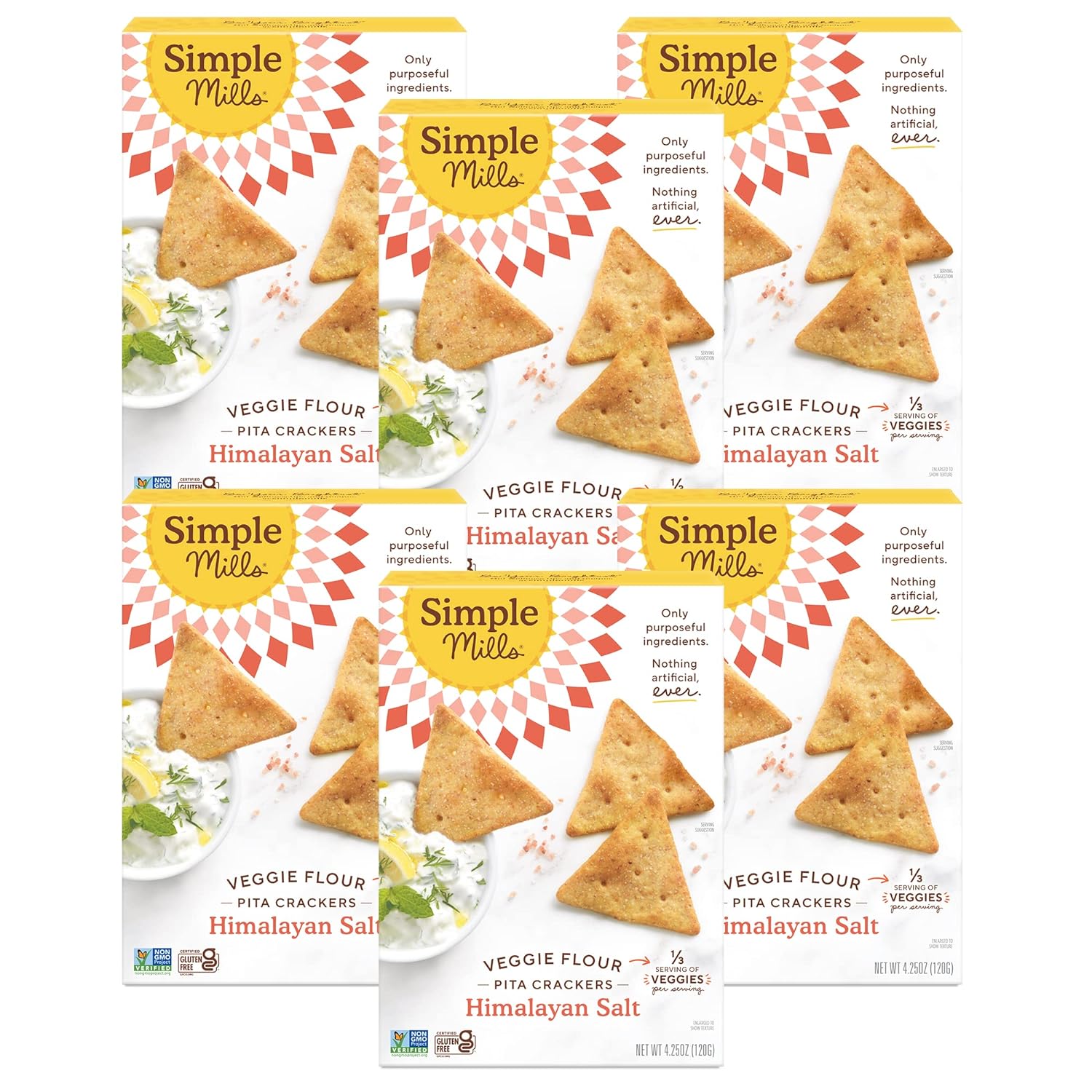 Simple Mills Veggie Pita Crackers, Himalayan Salt - Gluten Free, Vegan, Healthy Snacks, Paleo Friendly, 4.25 Ounce (Pack Of 6)